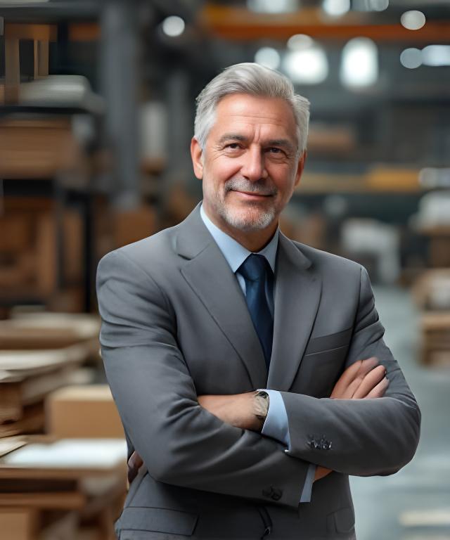 Geschäftsführer Roger Ismajli im Büro mit Blick auf die Produktionshalle und Holzpläne