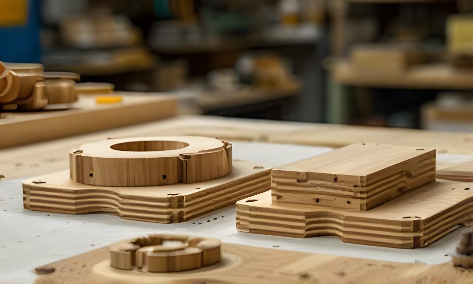 Massgefertigte Holzkomponenten auf einem Werktisch mit feinen Fräsungen und sauberer Kantenbearbeitung