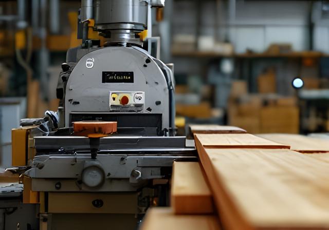 Hobelmaschine in einer gepflegten Werkhalle mit frisch bearbeiteten Holzbohlen