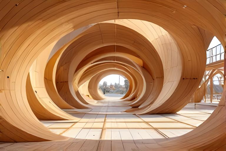 Eventbau aus Holz mit geschwungenen Elementen und sauber verschraubten Bauteilen auf einer grossen Montagefläche