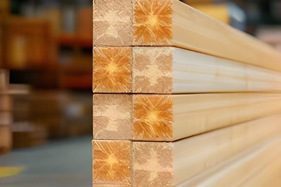 Gebündelte KVH-Hölzer mit exakten Kanten in einer Produktionshalle für konstruktiven Holzbau