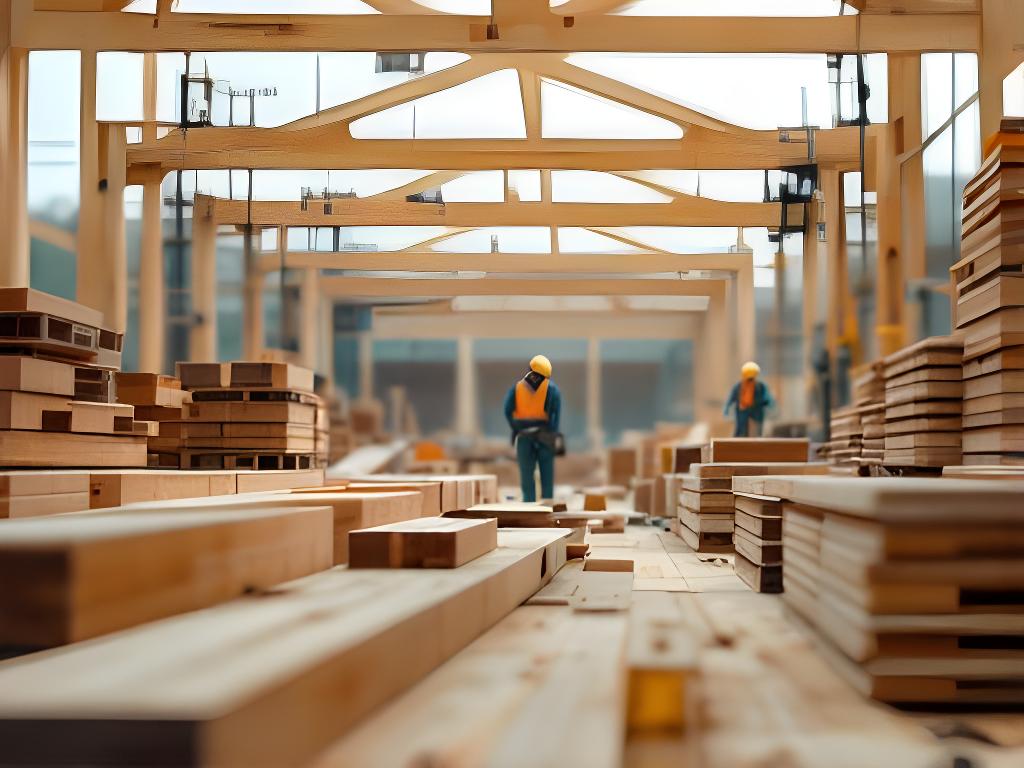 Holzbau-Team auf einer Baustelle mit grossen Brettschichtholzträgern und sauber gestapelten Elementen