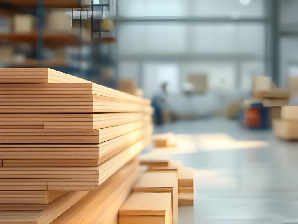 Stapel von präzise geschnittenen Holzbohlen in einer hellen Produktionshalle mit natürlichem Licht