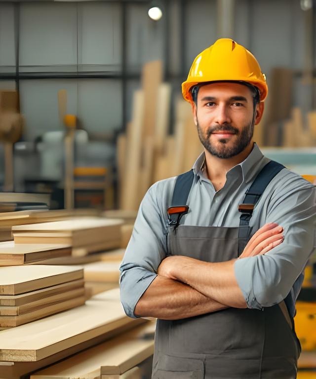 Produktionsleiterin Vane Temperli mit Helm in der Fertigungshalle neben geschnittenen Brettern