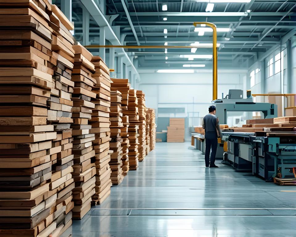 Holzstapel und moderne Hobellinie in einer hellen Produktionshalle in Küsnacht