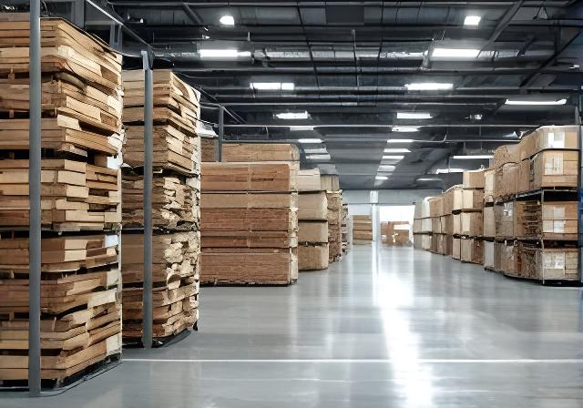 Moderne Holzlagerung und verpackte Zuschnitte auf dem heutigen Betriebsgelände bei Zürich