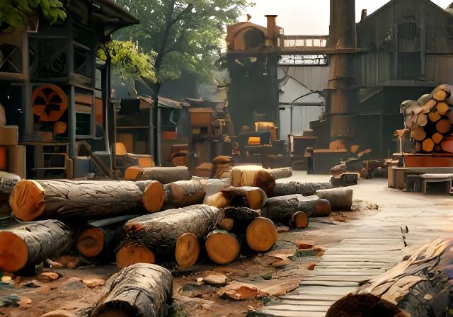 Historische Sägerei mit Holzstämmen und einfachen Maschinen am Rand des Werksgeländes