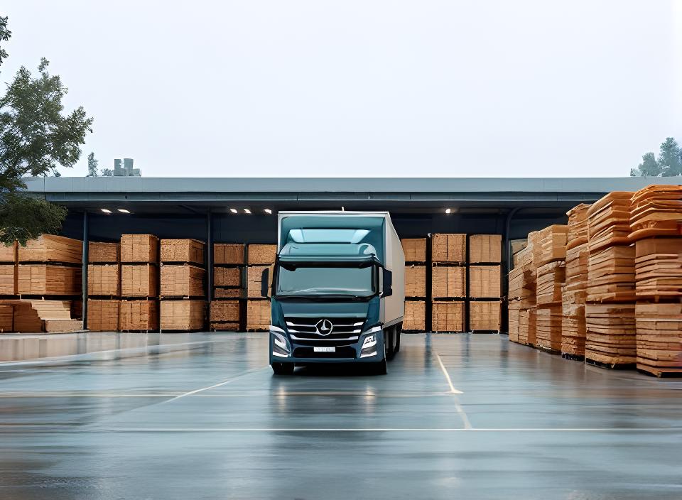 Lieferwagen vor dem Holzlager in Küsnacht mit gestapelten Bohlen und sauber markierten Paketen