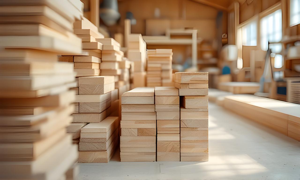 Handgefertigtes Holzbauteil in einer hellen Werkhalle mit präzise gestapeltem Schweizer Schnittholz