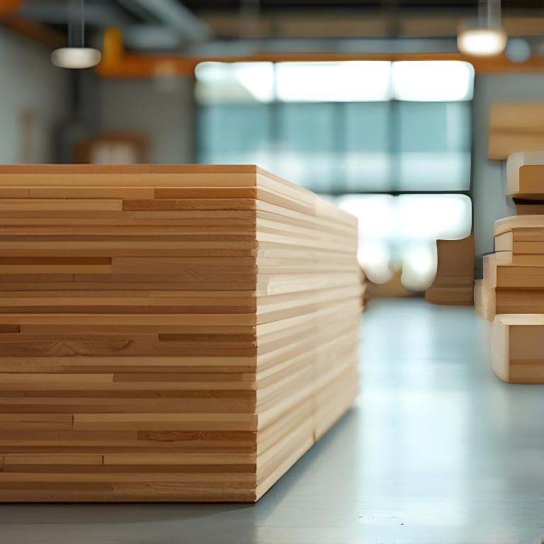 Gestapelte Holzbohlen und saubere Werkstattdetails in einem hellen Schweizer Produktionsumfeld