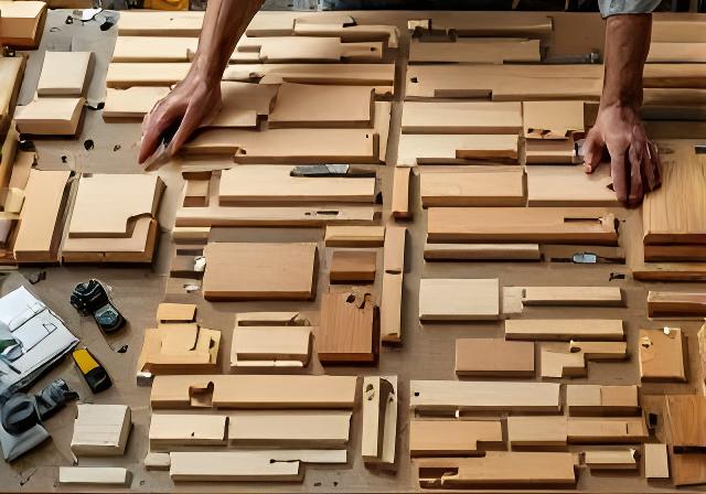 Mitarbeitende prüfen zugeschnittene Holzkomponenten an einem grossen Arbeitstisch im Werk