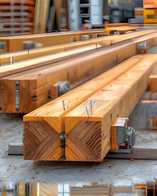 Holzbauteile für eine Fussgängerbrücke mit sichtbaren Anschlussdetails auf einer Montagefläche