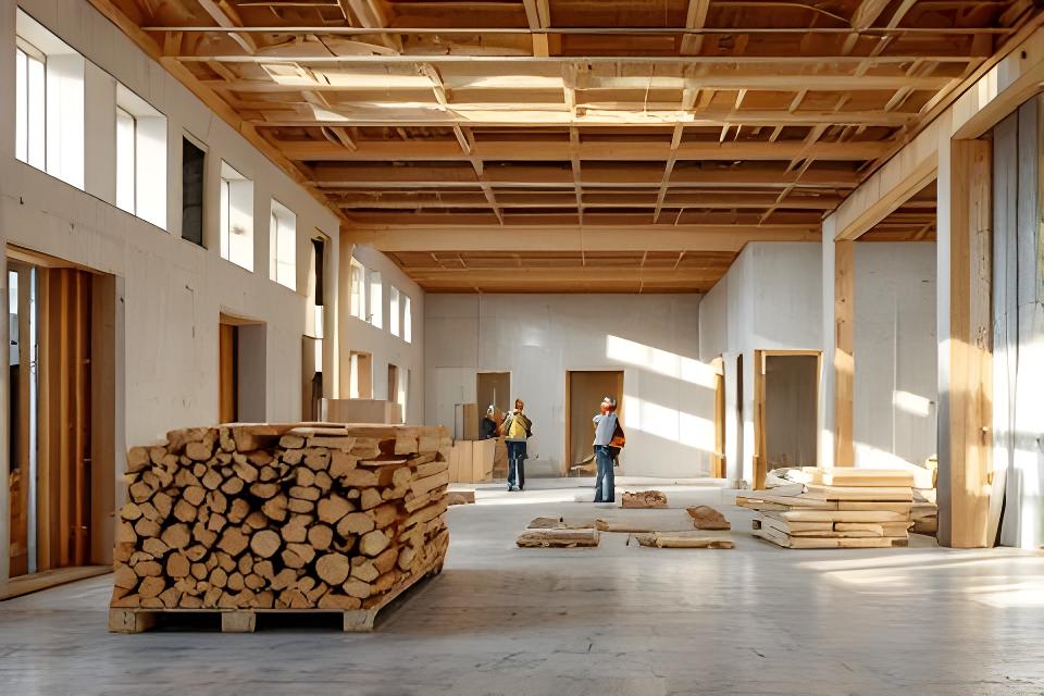 Mehrfamilienhaus in Zürich mit angeliefertem Holzpaket und sichtbaren Massivholzdecken im Rohbau