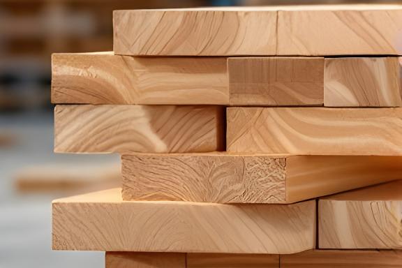 Lärchenbretter als Rauspund mit warmen Farbtönen auf einem sortierten Holzstapel
